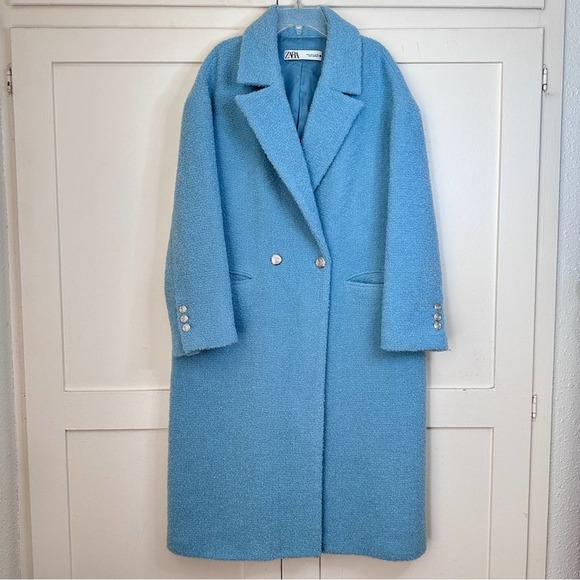 Zara Sky Blue Wool Long Coat Medium - Picture 2 of 8